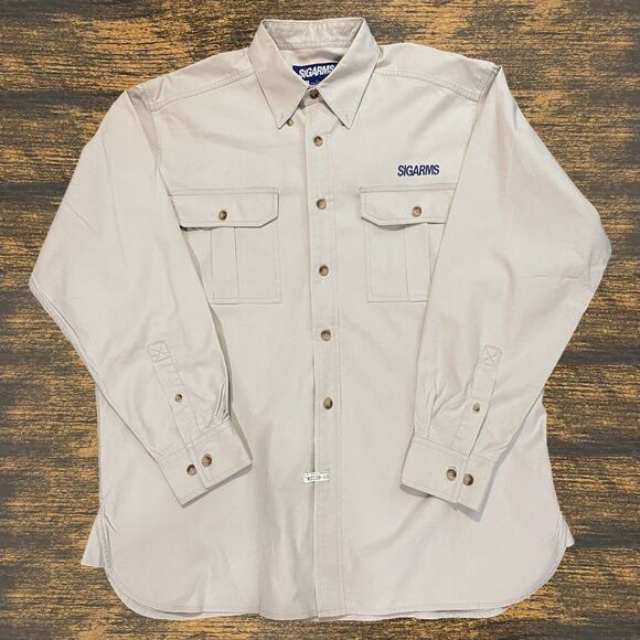 VINTAGE SIGARMS BEIGE LONG SLEEVE BUTTON SHIRT MENS LG LARGE - Picture 1 of 16